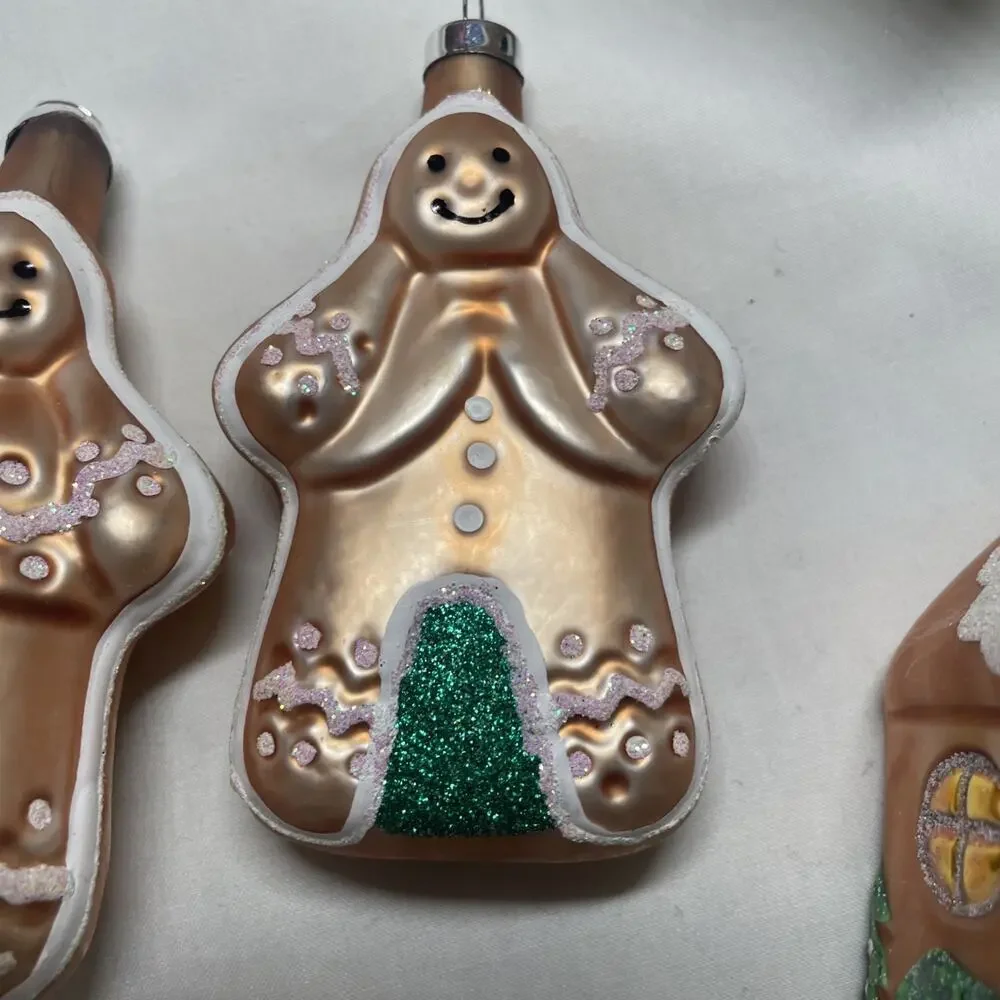 Vtg NOS Set of 3 Christmas Trimmeries Hand Decorated Glass Gingerbread Ornaments